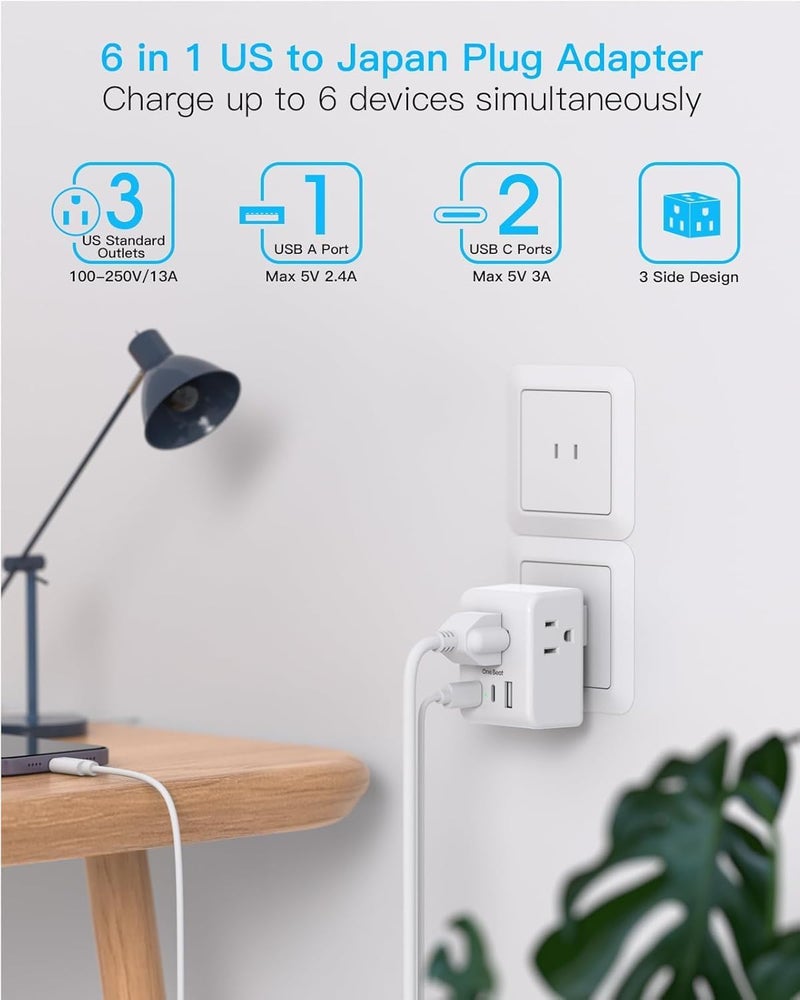 One Beat US to Japan Plug Adapter, 2 Prong to 3 Prong Outlet Adapter with 3 AC Outlets 3 USB Ports(1 USB C), Type A Travel Power Adapter for USA to Japanese Philippines China, Multi Plug Wall Outlet Extender - Image 3